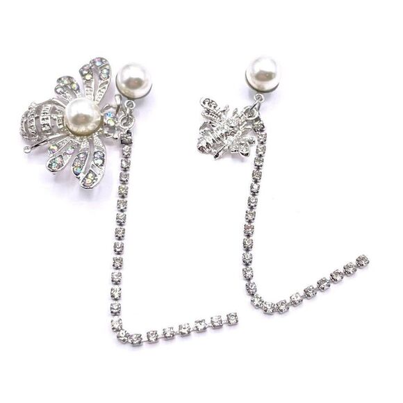 Silver with White and AB Crystal Mismatching Bees Post Back Earrings - Picture 6 of 8